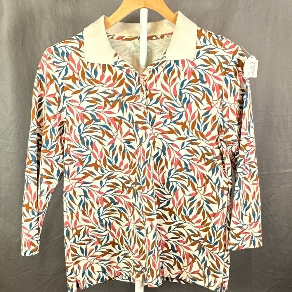 Lands End Womens S 6-8 Polo Shirt 3/4 Sleeve Leaf Print Pink Teal White Collar